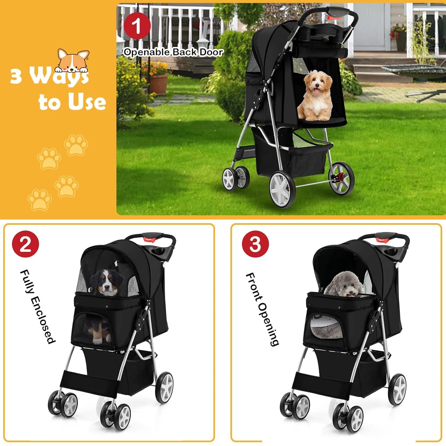 Giantex Folding Dog Stroller for Small Medium Dogs Cats Puppy, 4 Lockable Wheels Cat Stroller Pet Travel Carrier Strolling Cart, Safety Belt, Removable Liner and Storage Basket (Black)