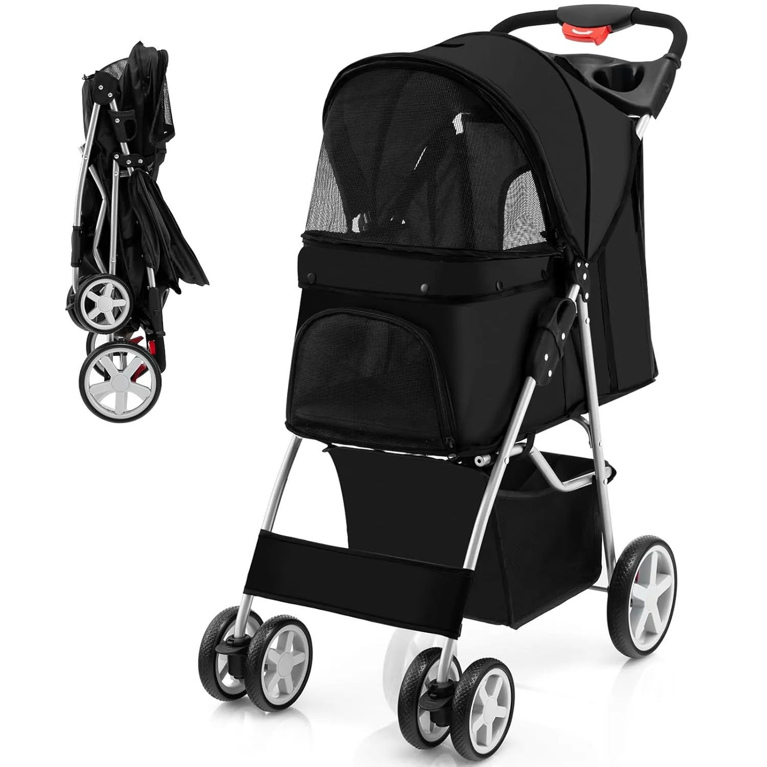 Giantex Folding Dog Stroller for Small Medium Dogs Cats Puppy, 4 Lockable Wheels Cat Stroller Pet Travel Carrier Strolling Cart, Safety Belt, Removable Liner and Storage Basket (Black)