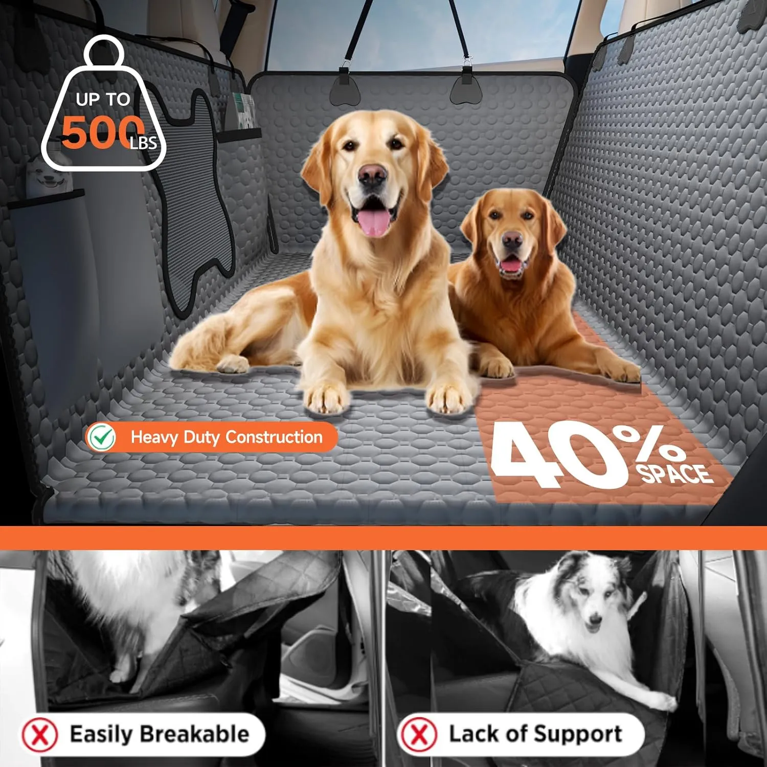Grey Large Space Dog Hammock for Car, SUV, Small Truck - Universal Fit Dog Car Seat Cover with Hard Bottom, Waterproof & Scratch-Proof, Supports Up to 500 lbs