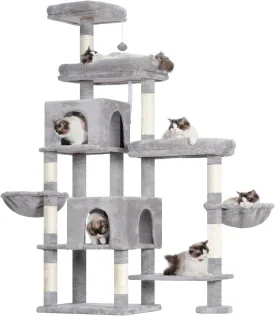 Hey-brother Cat Tree Tower, Scratching Posts with a Extended Part, Wide Platforms, Cozy Condos, Hammocks, Sisal Columns and Ball for Indoor Cats, 70.1 Inches, Light Gray MPJ038W