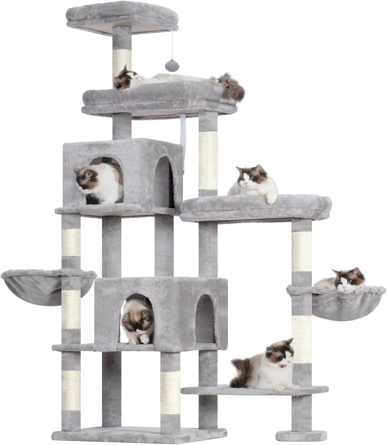 Hey-brother Cat Tree Tower, Scratching Posts with a Extended Part, Wide Platforms, Cozy Condos, Hammocks, Sisal Columns and Ball for Indoor Cats, 70.1 Inches, Light Gray MPJ038W