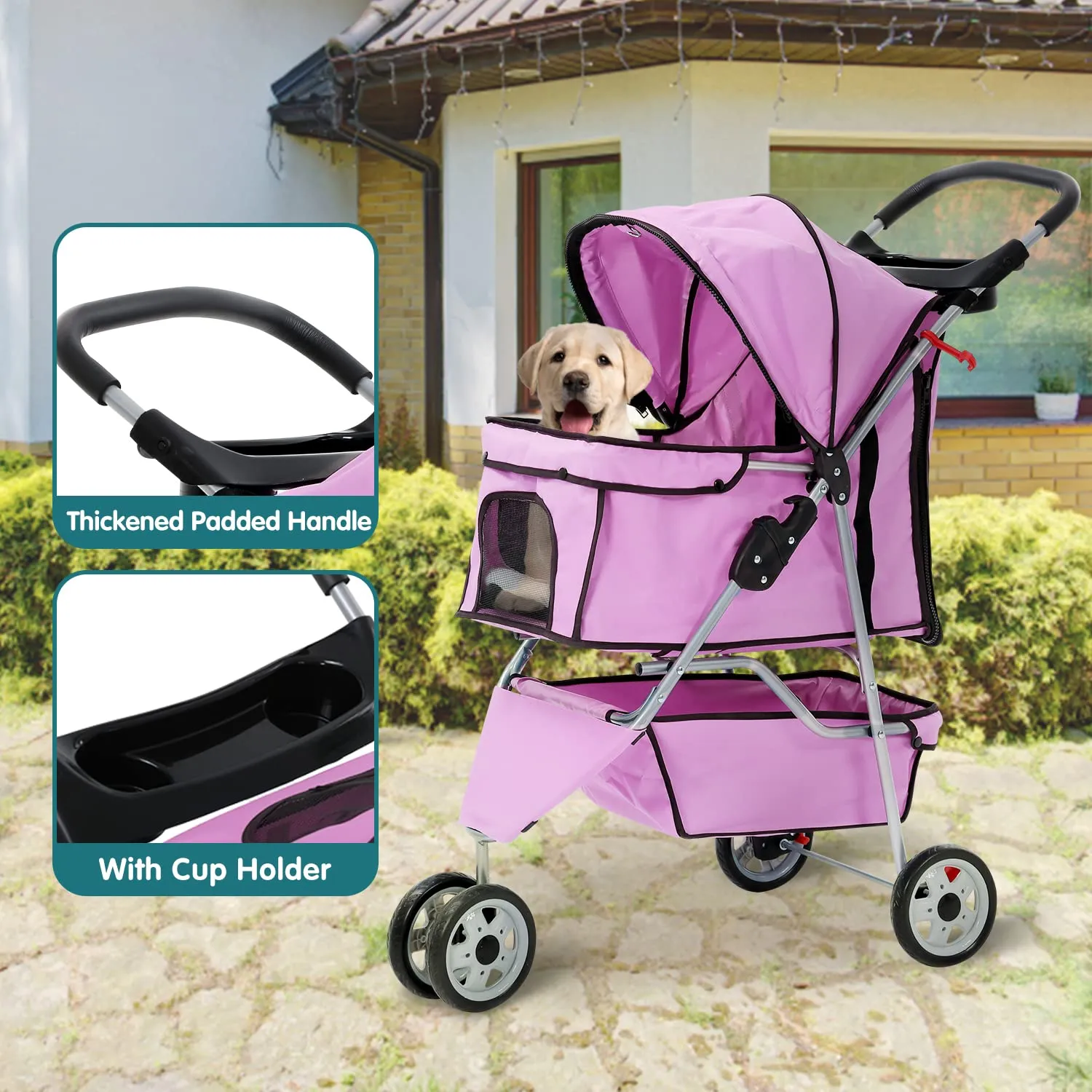 HHS Pet Stroller for Small Dogs & Cats Doggy Puppy Cat Strollers 30 lbs Animal Jogger Folding with 360 Rotating Front Wheel Travel Carriages Cart, Pink 34(L)* 17.5(W)*39(H)inches