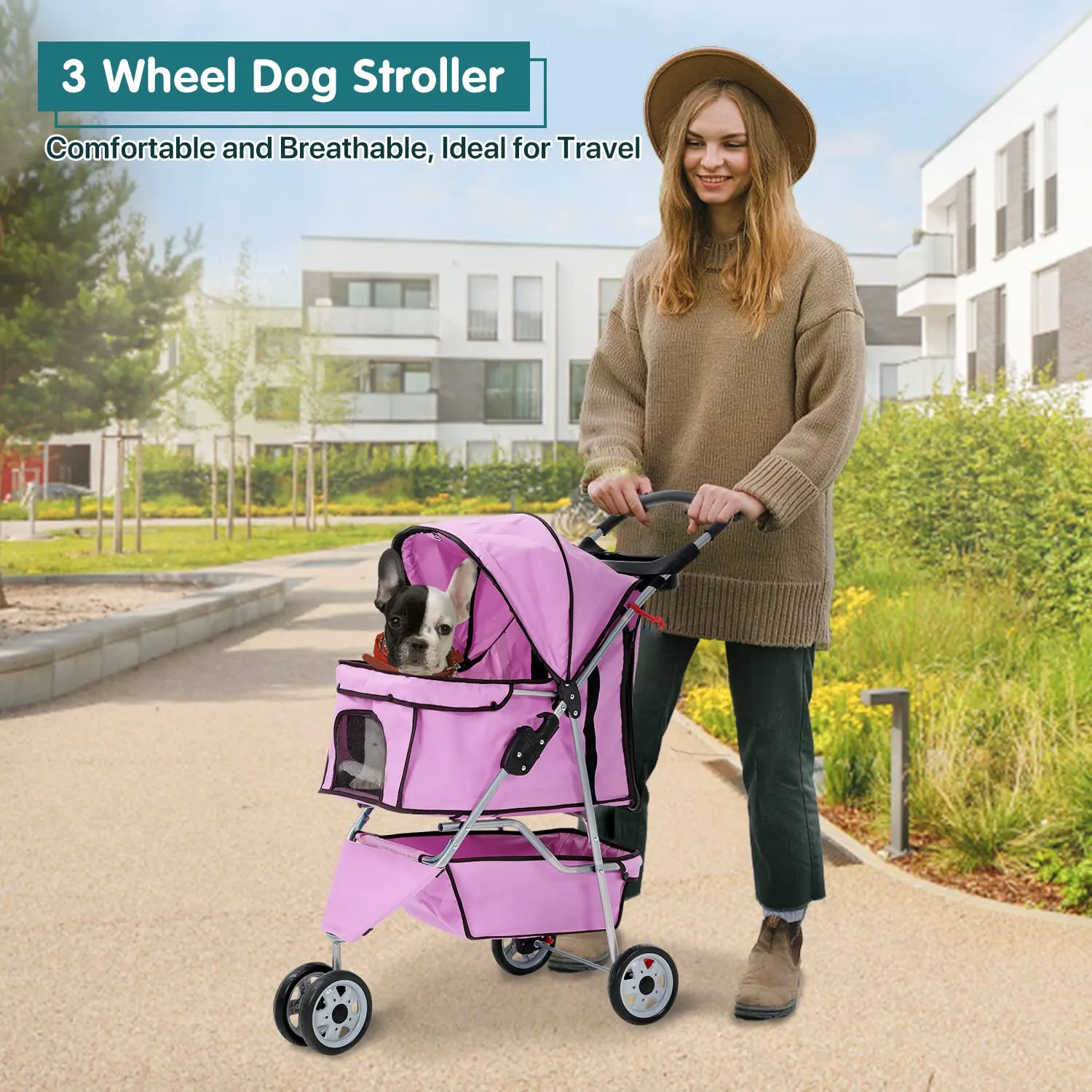HHS Pet Stroller for Small Dogs & Cats Doggy Puppy Cat Strollers 30 lbs Animal Jogger Folding with 360 Rotating Front Wheel Travel Carriages Cart, Pink 34(L)* 17.5(W)*39(H)inches