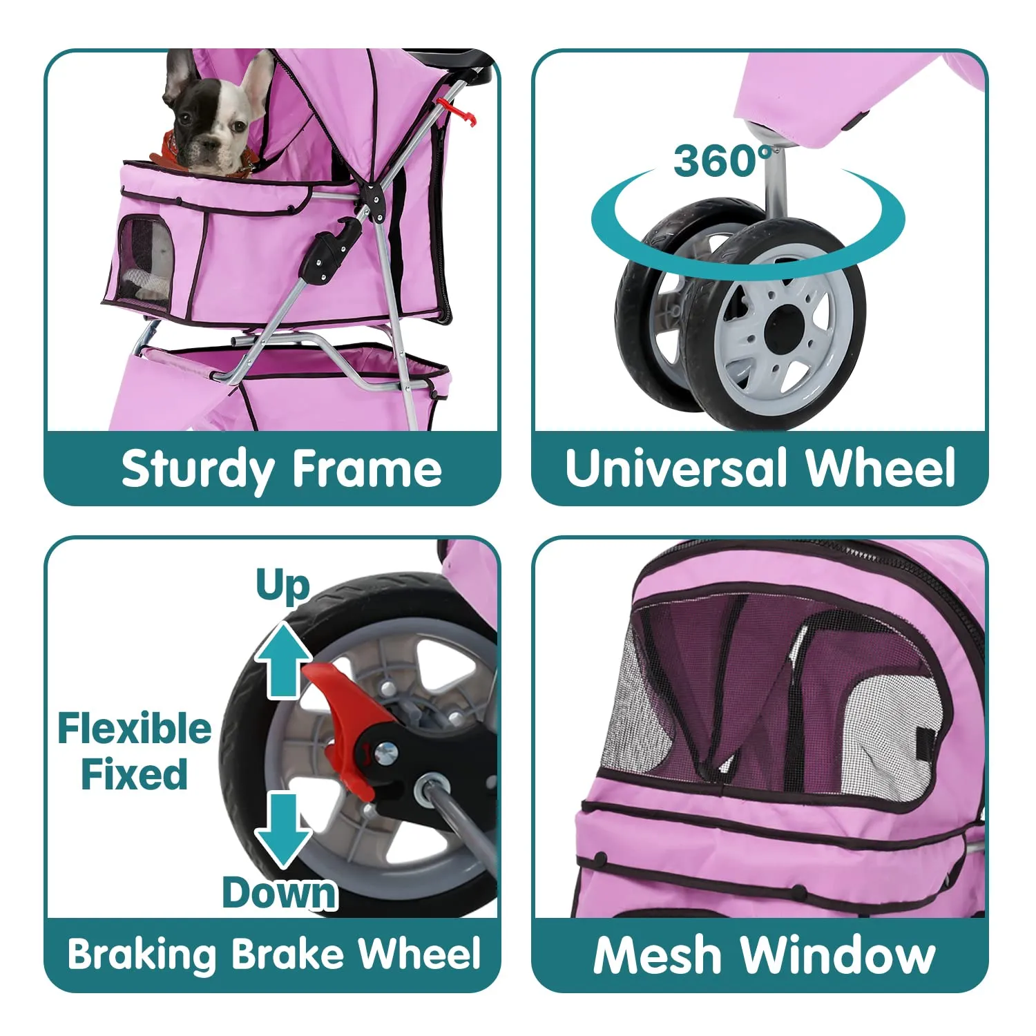 HHS Pet Stroller for Small Dogs & Cats Doggy Puppy Cat Strollers 30 lbs Animal Jogger Folding with 360 Rotating Front Wheel Travel Carriages Cart, Pink 34(L)* 17.5(W)*39(H)inches