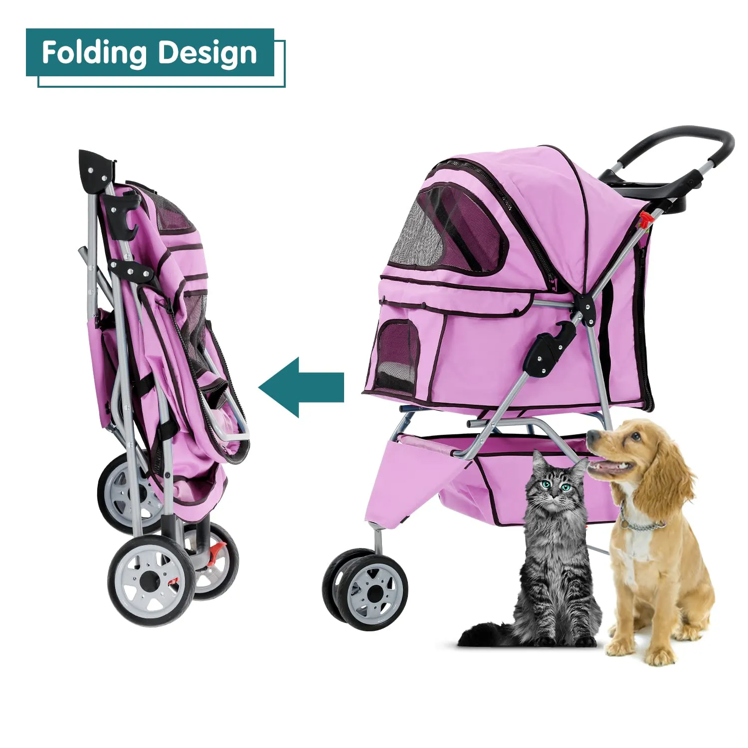 HHS Pet Stroller for Small Dogs & Cats Doggy Puppy Cat Strollers 30 lbs Animal Jogger Folding with 360 Rotating Front Wheel Travel Carriages Cart, Pink 34(L)* 17.5(W)*39(H)inches