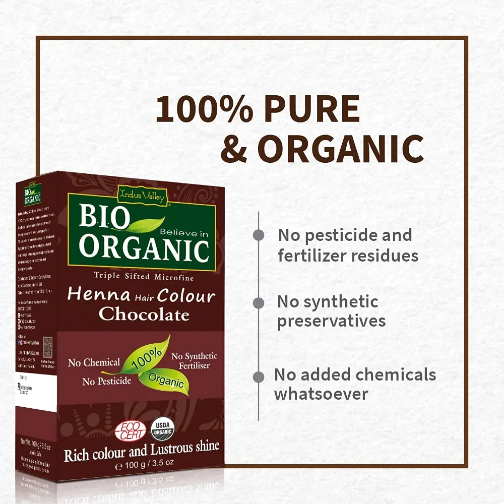 Indus Valley Bio Organic Natural Henna Hair Color Chocolate 100gm| 100% Gray Hair Coverage And Long Lasting Hair Dye | Natural Hair Dye, Vegan and Cruelty-Free