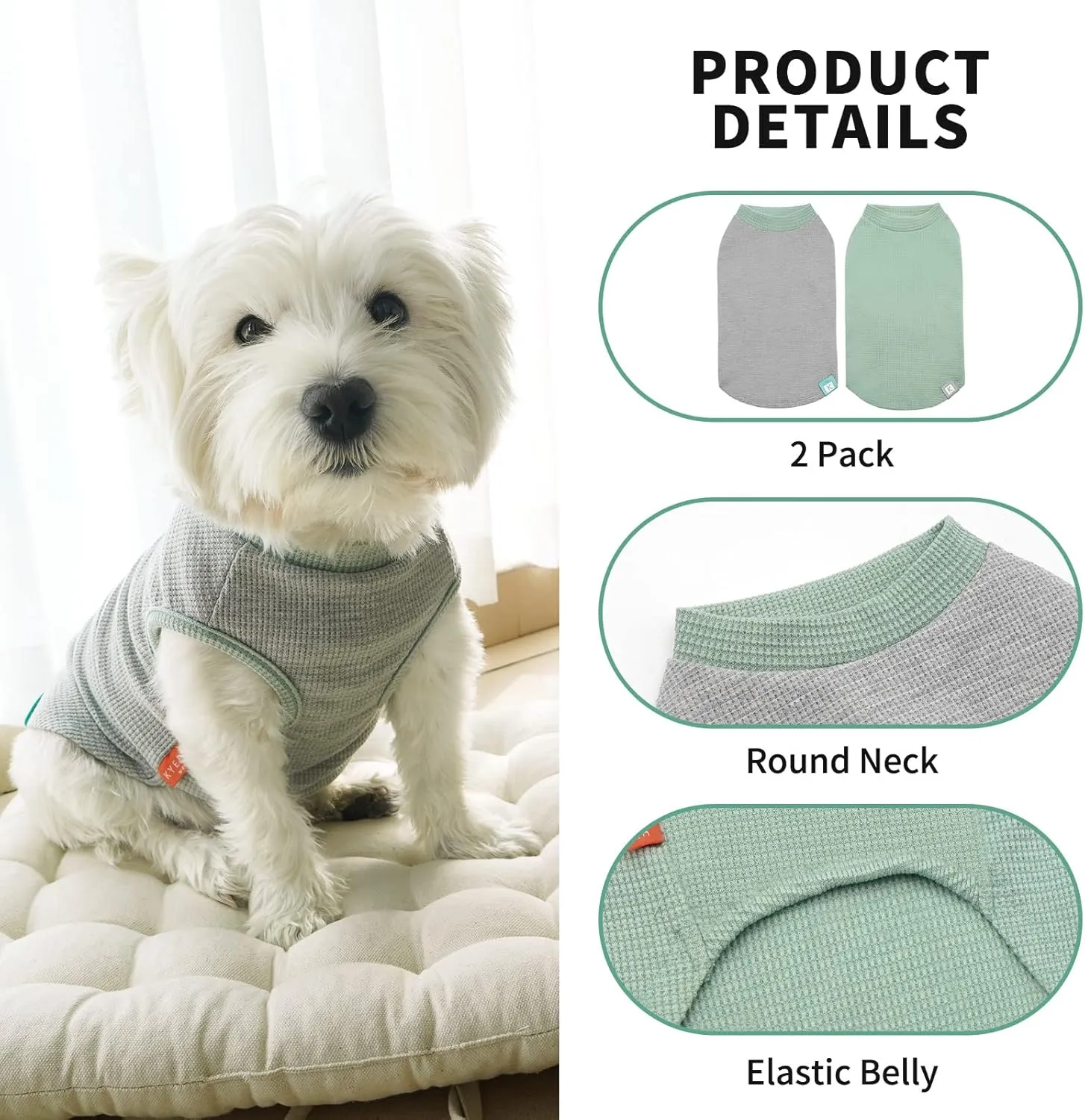 KYEESE 2Pack Dog Shirts Waffle for Small Dogs Stretchy Pet T-Shirts Lightweight Dog Tank Top Sleeveless Dogs Vest Breathable, X-Large, Green Grey