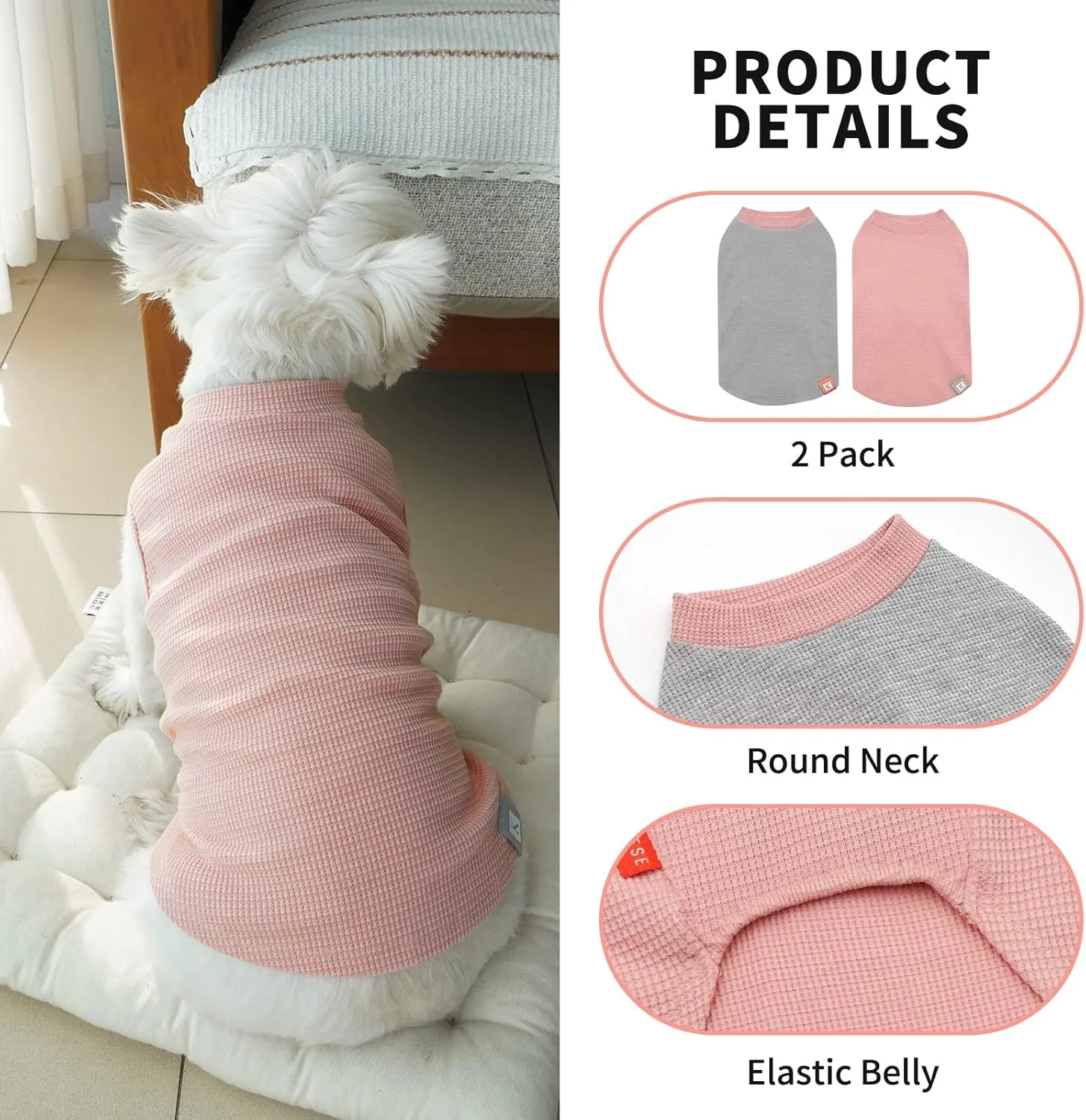 KYEESE 2Pack Dog Shirts Waffle for Small Dogs Stretchy T-Shirts Lightweight Tank Top Sleeveless Dog Vest Breathable, X-Large, Pink Grey