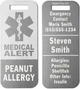 Medical Alert Tag"Peanut Allergy" - Customized Engraved Info (Grey)