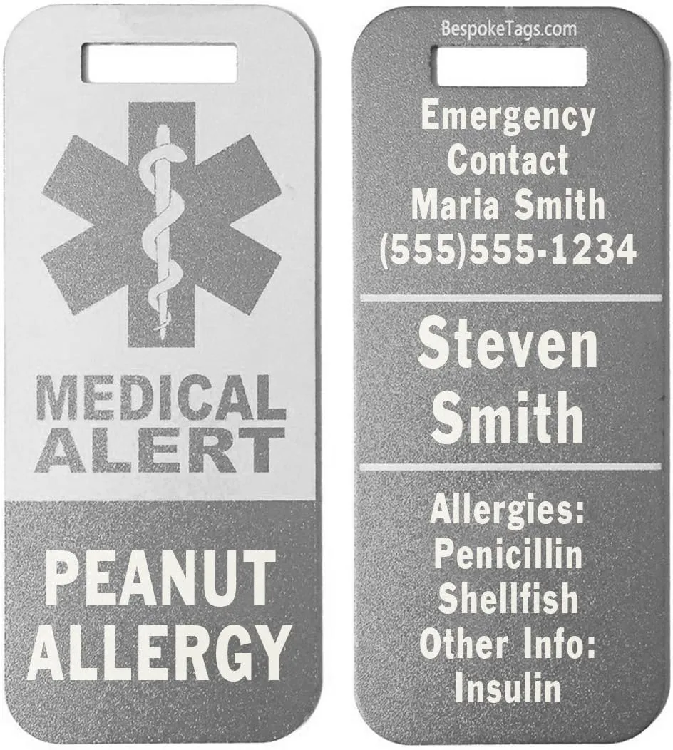 Medical Alert Tag"Peanut Allergy" - Customized Engraved Info (Grey)