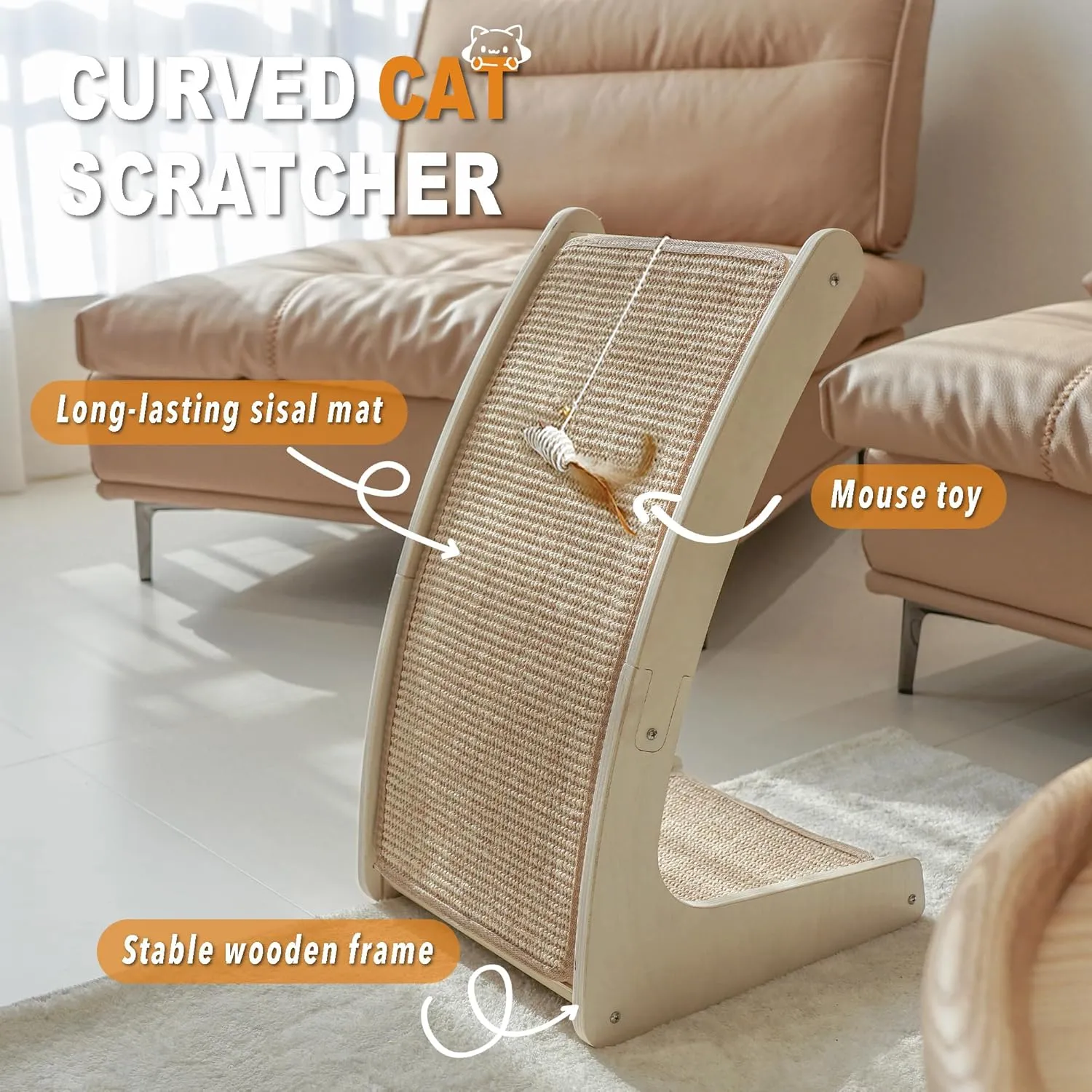 Meeyoview Cat Scratcher, Curved Cat Scratch Pad, Sisal Cat Scratching Board with Mouse Toy, Floor Mounted Cat Scratcher for Indoor Cats