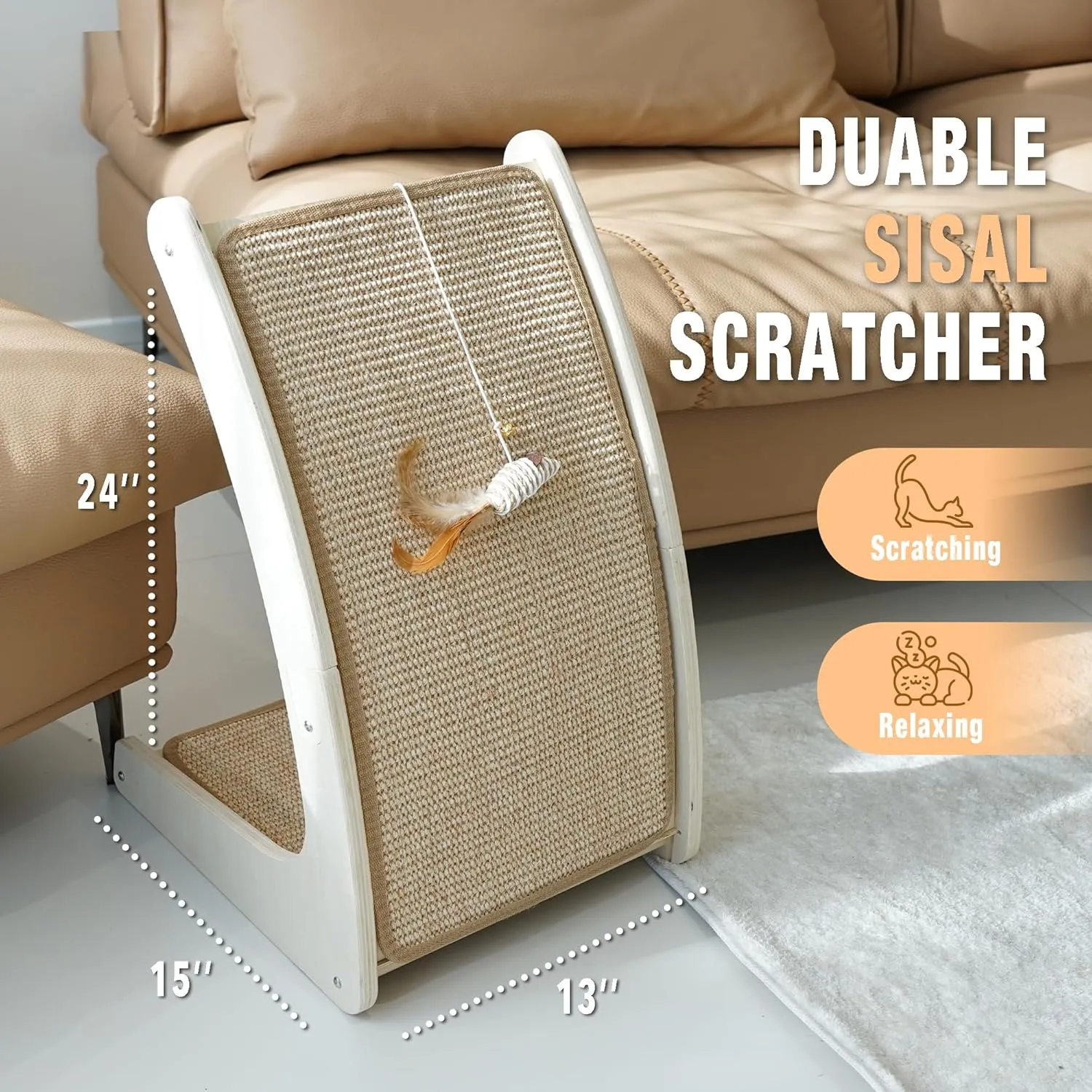 Meeyoview Cat Scratcher, Curved Cat Scratch Pad, Sisal Cat Scratching Board with Mouse Toy, Floor Mounted Cat Scratcher for Indoor Cats