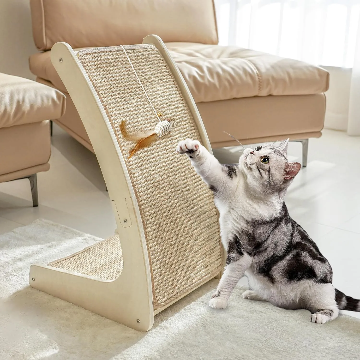 Meeyoview Cat Scratcher, Curved Cat Scratch Pad, Sisal Cat Scratching Board with Mouse Toy, Floor Mounted Cat Scratcher for Indoor Cats