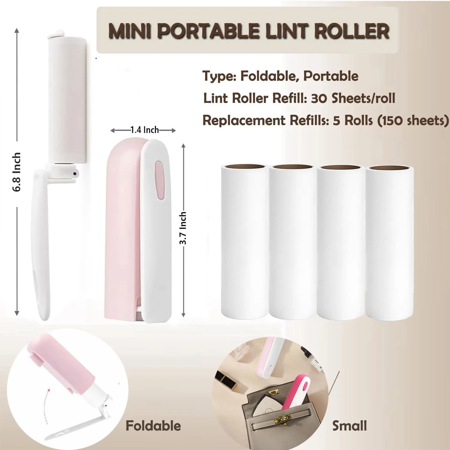 Mini Lint Roller with 150 Sheets, Travel Size Portable Lint Roller Compact Pet Hair Remover with 5 Refills, Sticky Small Lint Remover for Pocket Travel Essentials for Clothes (Pale Pink)