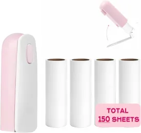 Mini Lint Roller with 150 Sheets, Travel Size Portable Lint Roller Compact Pet Hair Remover with 5 Refills, Sticky Small Lint Remover for Pocket Travel Essentials for Clothes (Pale Pink)