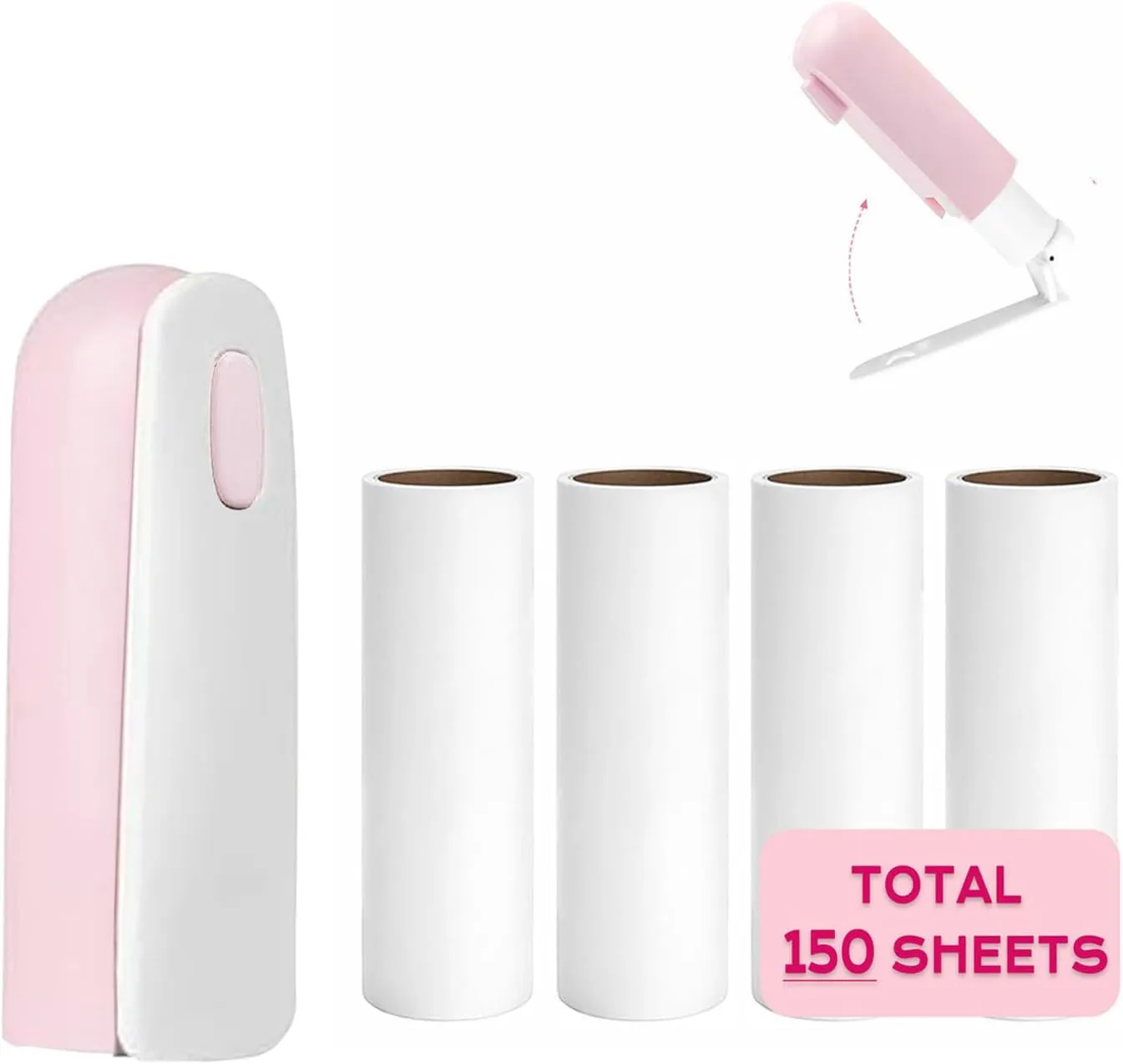 Mini Lint Roller with 150 Sheets, Travel Size Portable Lint Roller Compact Pet Hair Remover with 5 Refills, Sticky Small Lint Remover for Pocket Travel Essentials for Clothes (Pale Pink)