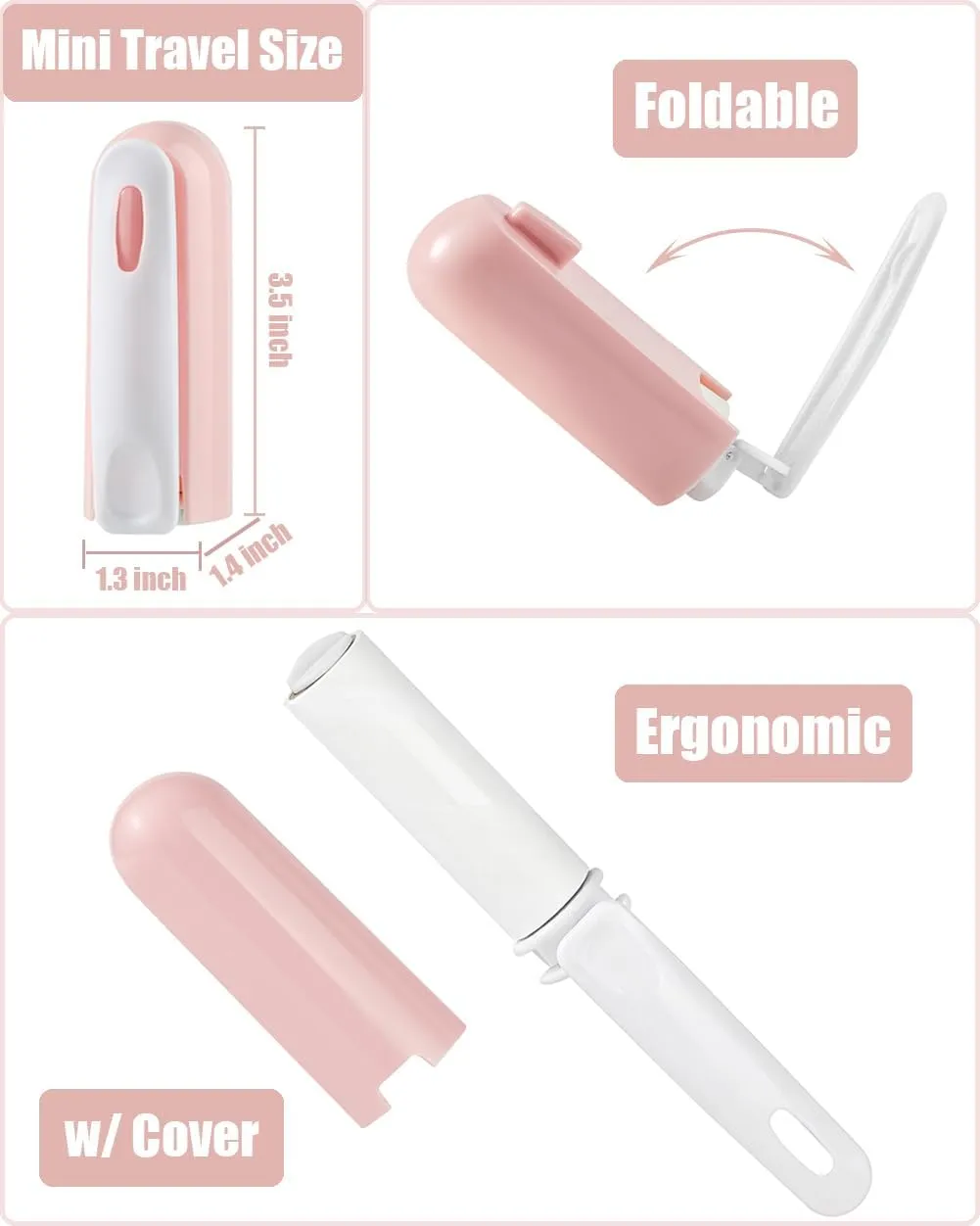 Mini Travel Lint Roller with Cover and 4 Refills Total 150 Sticky Sheets Compact Lint Remover for Pocket Travel Essentials for Clothes Great for Lint Debris Pet Hair Pickup (Pink)