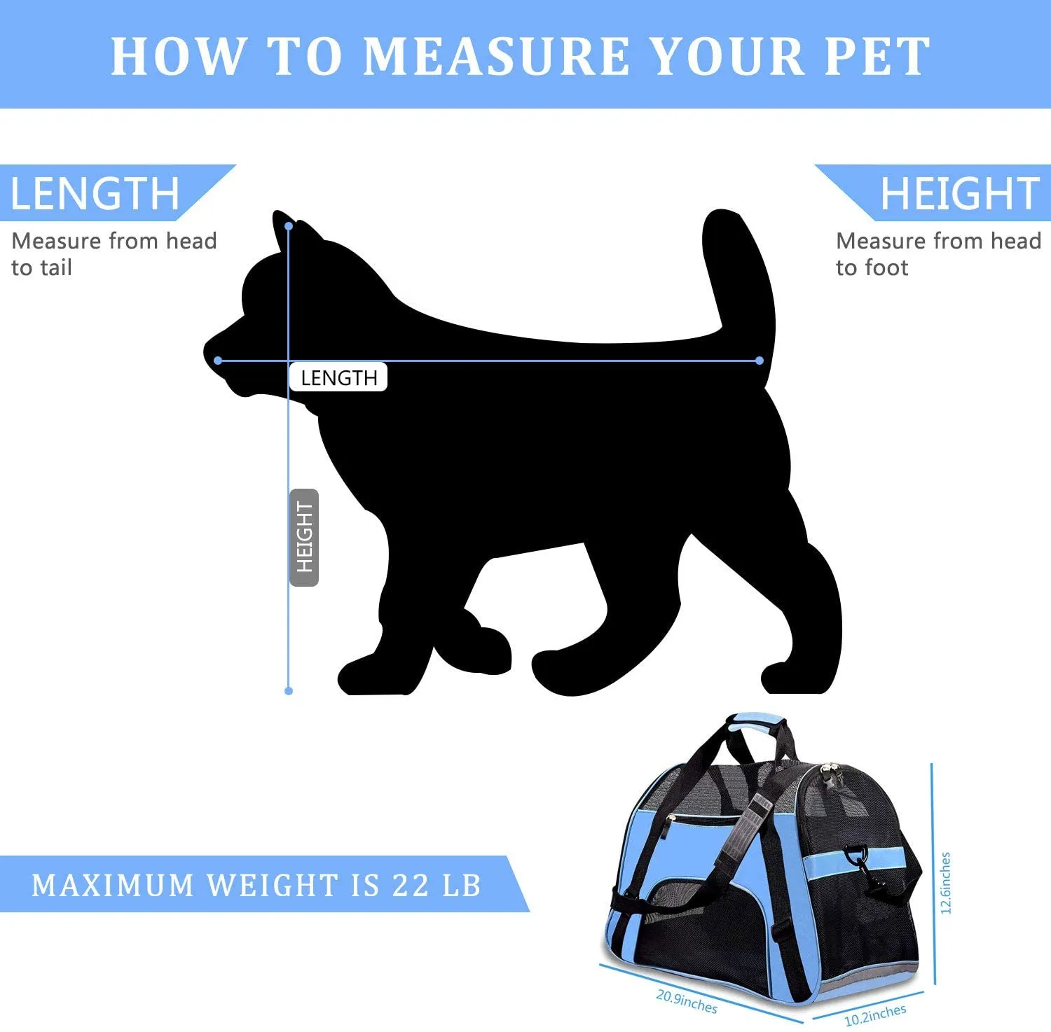 New PPOGOO Large Pet Travel Carriers 20.9x10.2x12.6 22lb(10KG) Soft Sided Portable Bags Dogs Cats Airline Approved Dog Carrier,Blue,Upgraded Version