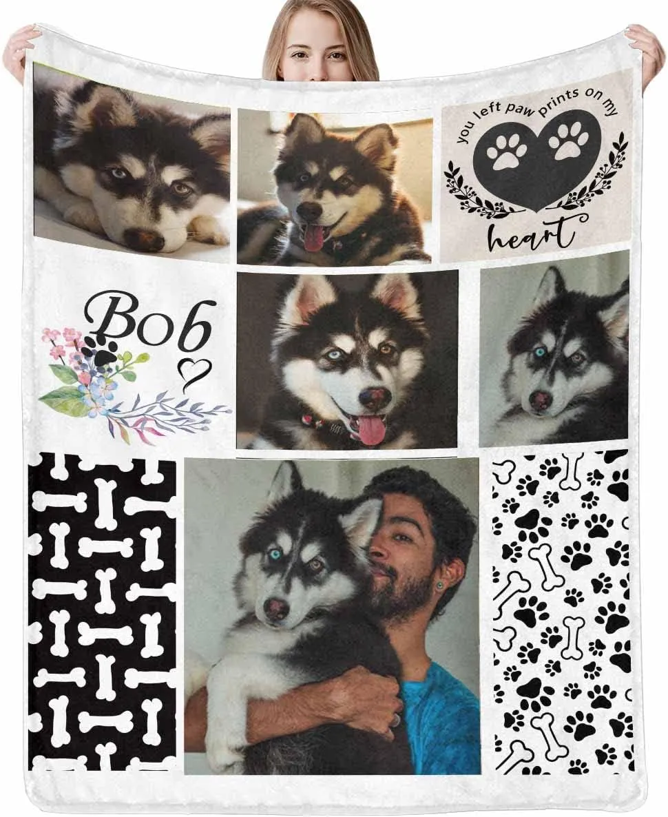 Pet Dog Memorial Blanket - Customized Throw Blanket with Dog Pictures and Name Personalized Memorial Gift