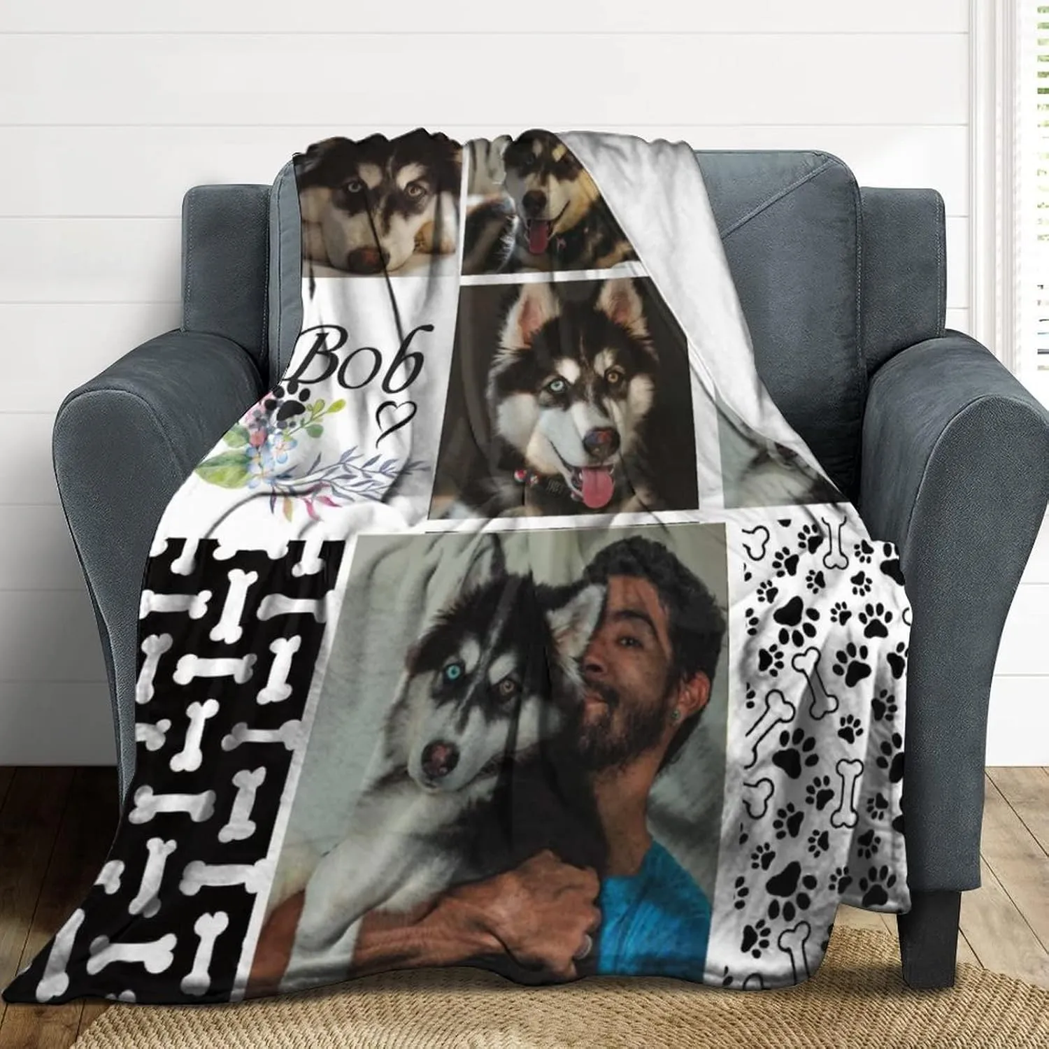 Pet Dog Memorial Blanket - Customized Throw Blanket with Dog Pictures and Name Personalized Memorial Gift