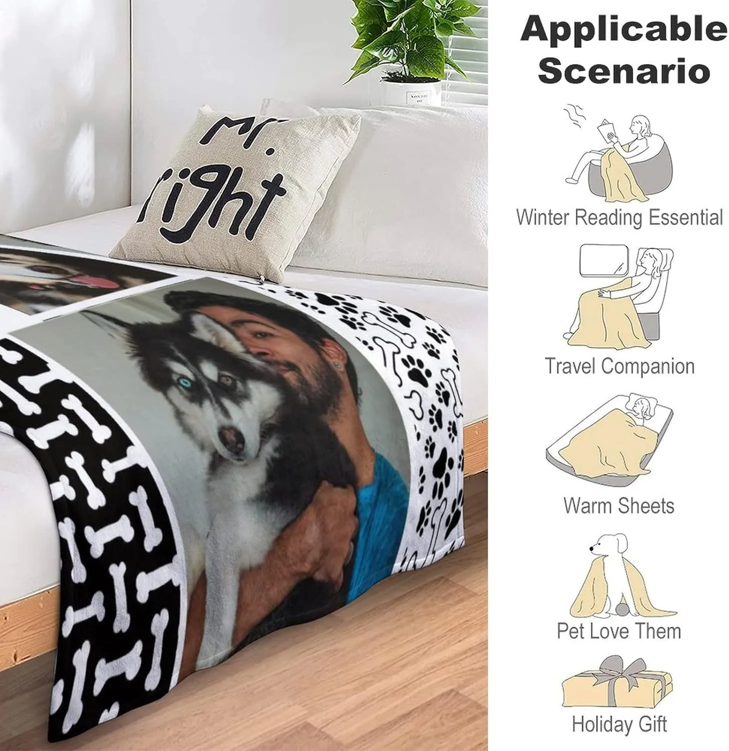 Pet Dog Memorial Blanket - Customized Throw Blanket with Dog Pictures and Name Personalized Memorial Gift