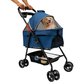 Portable Foldable Pet Stroller, 4 Wheel Pet Carrier for Small Medium Dogs and Cats with Carrying Basket, Multifunctional Stroller with Tray, Separate Design, Load Capacity 44 lbs (Blue)