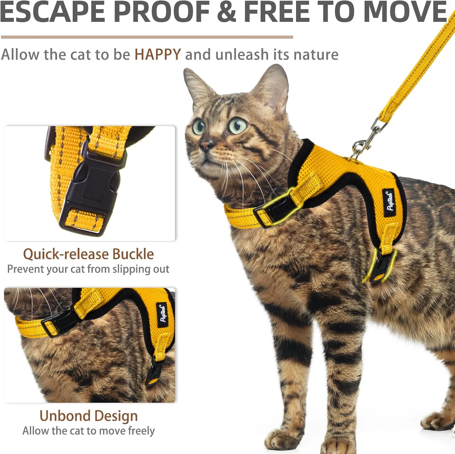 PUPTECK Cat Harness and Leash Set Escape Proof, Reflective Adjustable Soft Mesh Kitten Vest Harness for Walking Travel, Yellow, M