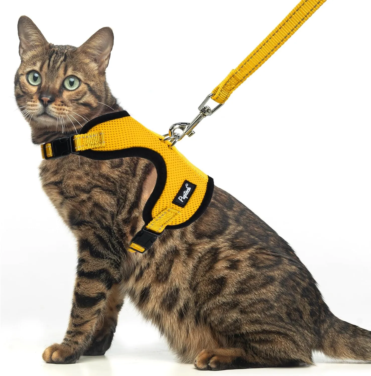 PUPTECK Cat Harness and Leash Set Escape Proof, Reflective Adjustable Soft Mesh Kitten Vest Harness for Walking Travel, Yellow, M