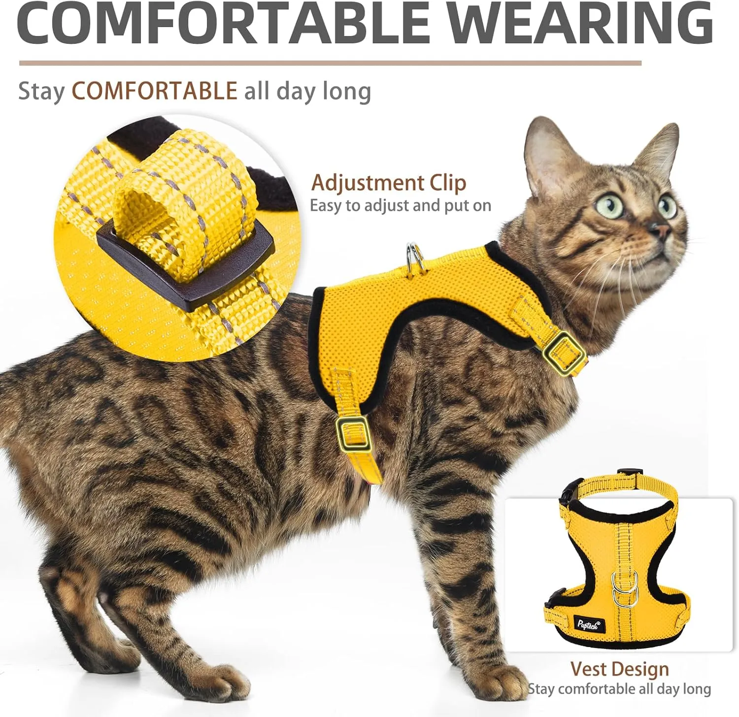 PUPTECK Cat Harness and Leash Set Escape Proof, Reflective Adjustable Soft Mesh Kitten Vest Harness for Walking Travel, Yellow, M