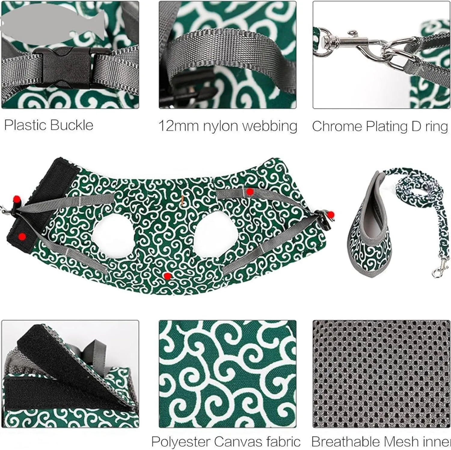 Respectivelk Cat Harness, Cat Dogs Vest Harness and Leash Anti-Break Away Chest Strap Cats Clothes, Adjustable Cats & Dog Vest Harnesses with Leash, for Outdoor Travel Walking (Green,S)