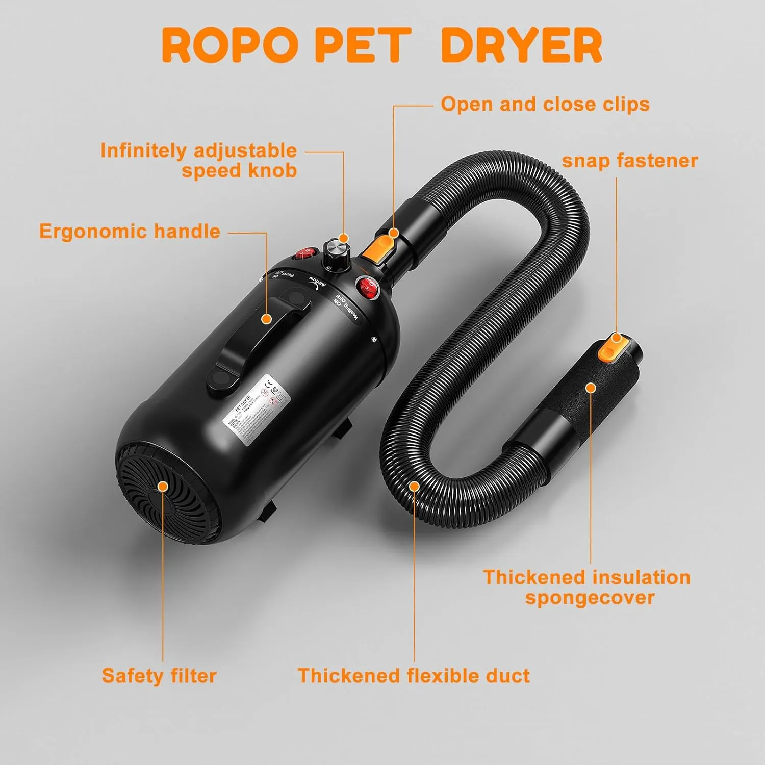 ROPO Pet Hair Dryer, High Power Dog Water Blower, Portable Low Noise Pet Grooming Hair Dryer, Adjustable Temperature and Wind Speed Dog Grooming Kit with 4 Nozzles(Black, SE02)