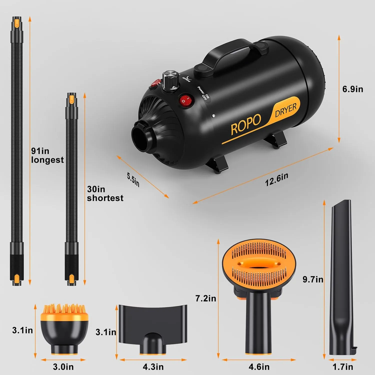 ROPO Pet Hair Dryer, High Power Dog Water Blower, Portable Low Noise Pet Grooming Hair Dryer, Adjustable Temperature and Wind Speed Dog Grooming Kit with 4 Nozzles(Black, SE02)