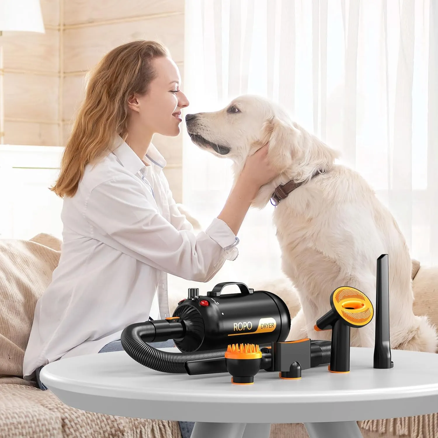 ROPO Pet Hair Dryer, High Power Dog Water Blower, Portable Low Noise Pet Grooming Hair Dryer, Adjustable Temperature and Wind Speed Dog Grooming Kit with 4 Nozzles(Black, SE02)