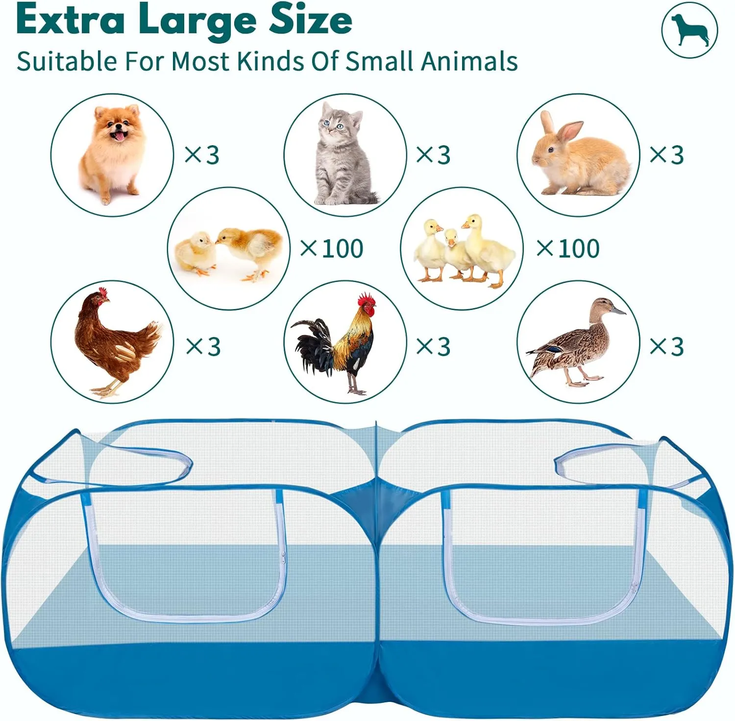 Small Pet Animals Playpen, Cage Tent Enclosure Large Chicken Run Coop with Breathable Transparent Mesh Walls Pop Open Indoor Outdoor Exercise Yard Fence for Chicks and Cat. Blue