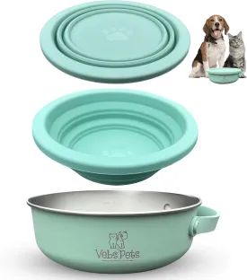 Stainless Steel Dog Bowl - 30 oz & 20 oz Collapsible, Leak Proof, Non Slip, Portable Travel Bowl for Dogs & Cats (Jade)