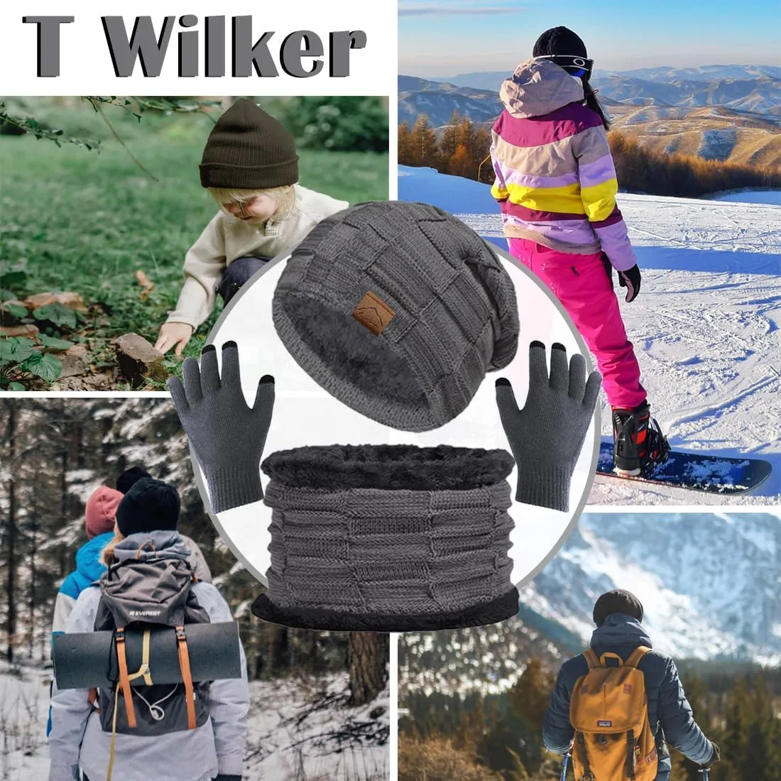 T WILKER 3Pcs Winter Hats Neck Warmer Scarf and Touch Screen Gloves Set for Kids