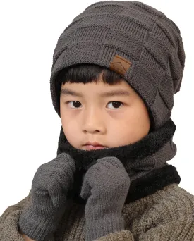 T WILKER 3Pcs Winter Hats Neck Warmer Scarf and Touch Screen Gloves Set for Kids