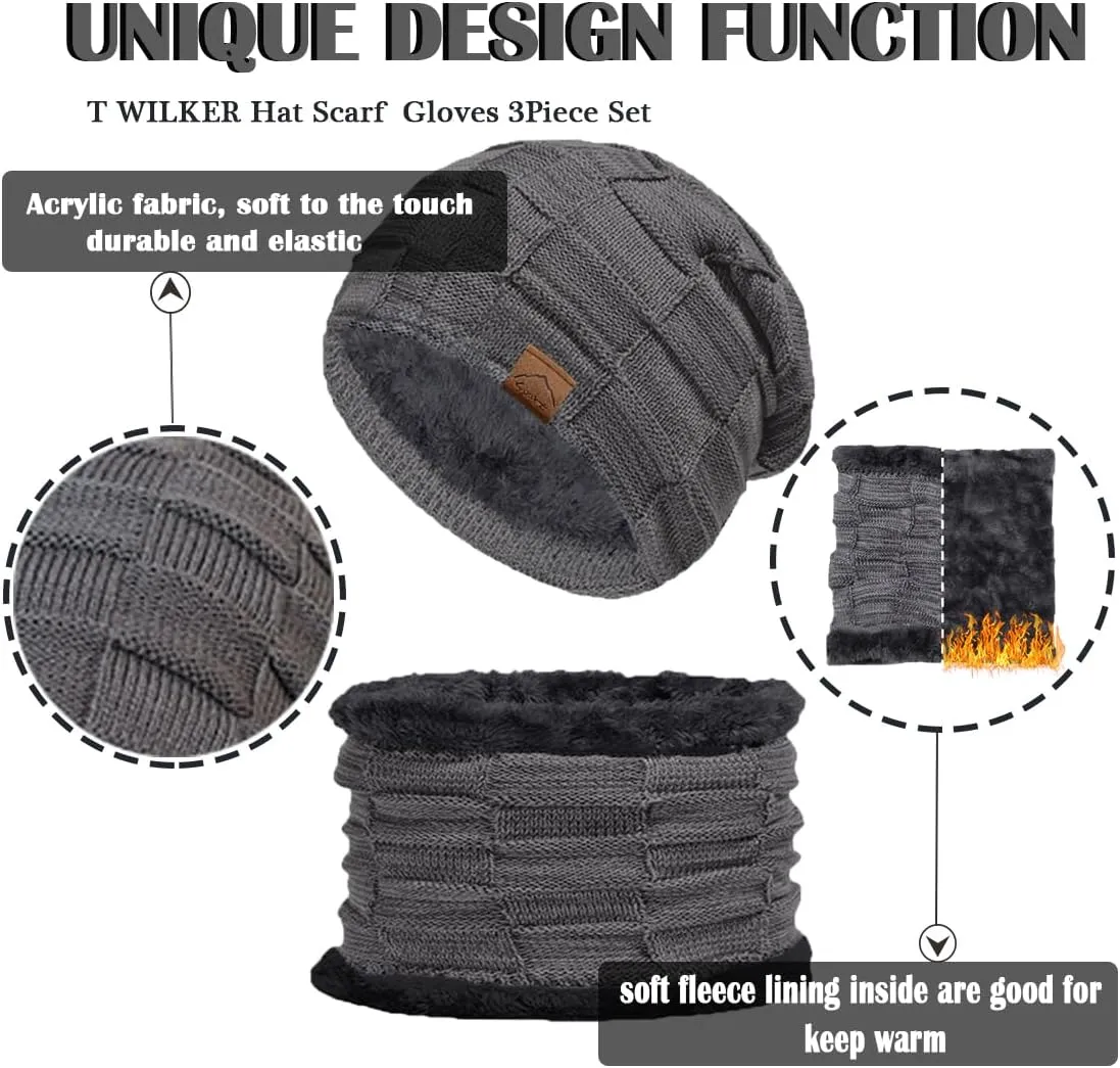 T WILKER 3Pcs Winter Hats Neck Warmer Scarf and Touch Screen Gloves Set for Kids