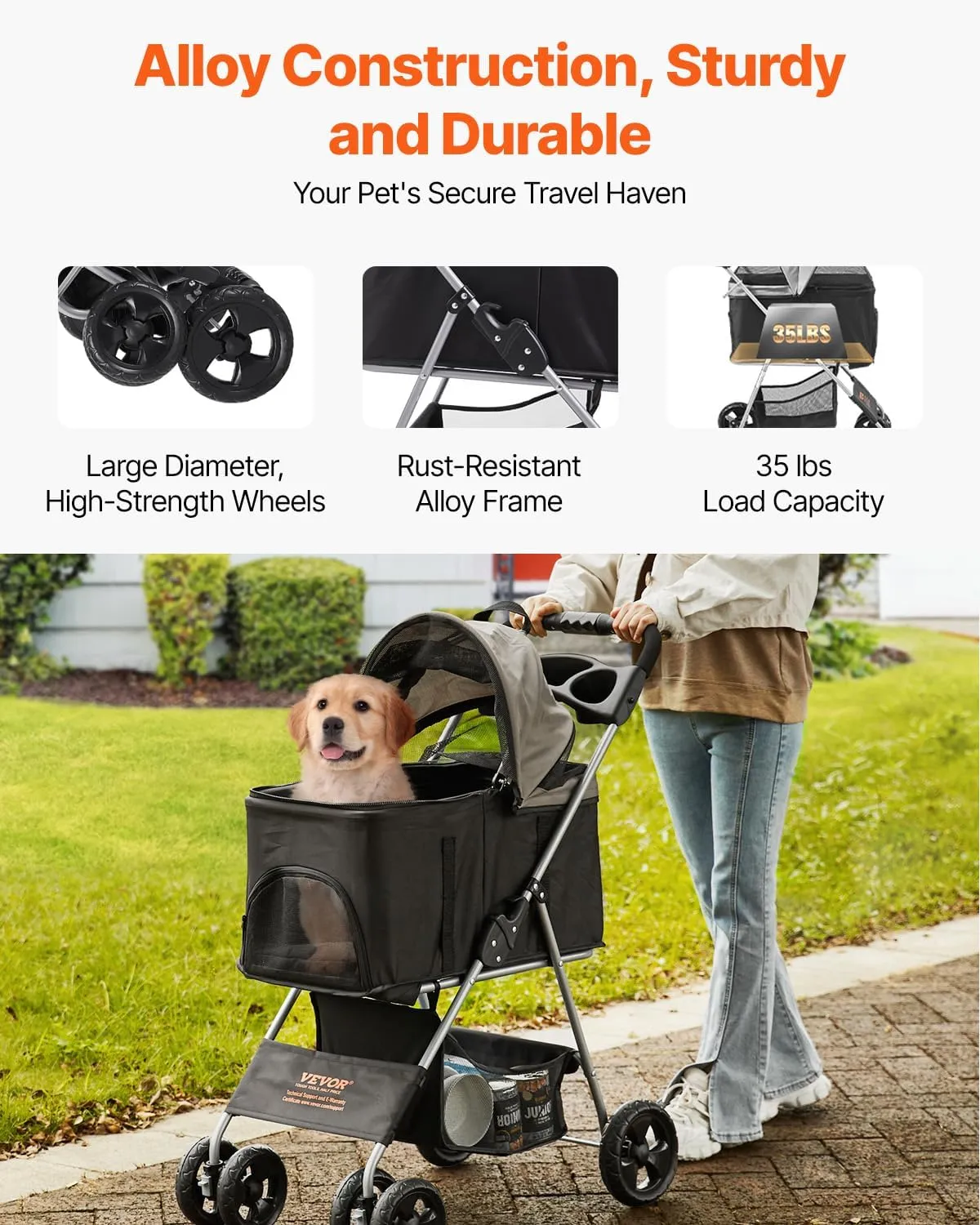 VEVOR Pet Stroller, 4 Wheels Dog Stroller with Brake, 35lbs Weight Capacity, Lightweight Foldable Portable Folding Carrier, Storage Basket and Cup Holder, for Dogs and Cats Travel, Black Dark Grey