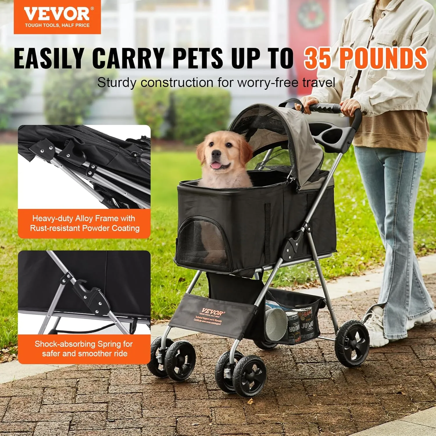 VEVOR Pet Stroller, 4 Wheels Dog Stroller with Brake, 35lbs Weight Capacity, Lightweight Foldable Portable Folding Carrier, Storage Basket and Cup Holder, for Dogs and Cats Travel, Black Dark Grey