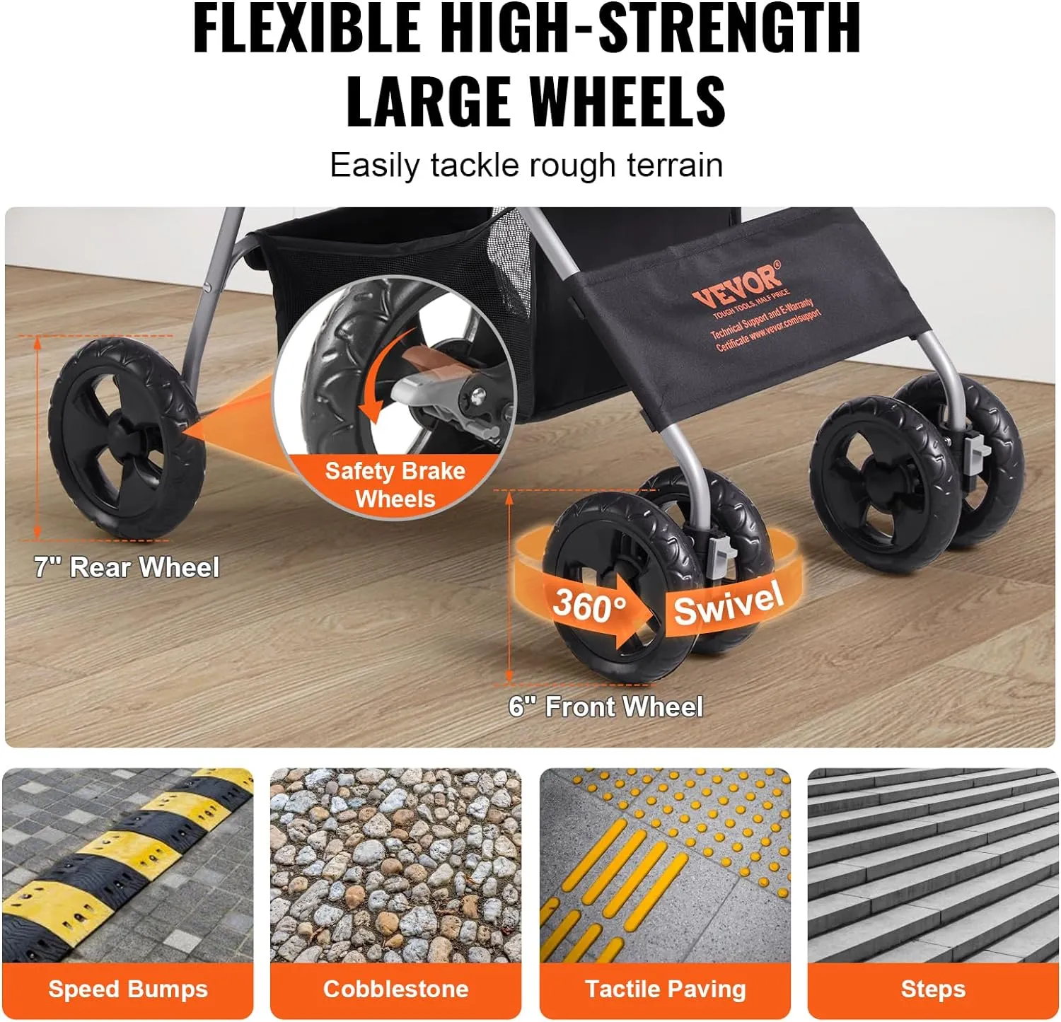 VEVOR Pet Stroller, 4 Wheels Dog Stroller with Brake, 35lbs Weight Capacity, Lightweight Foldable Portable Folding Carrier, Storage Basket and Cup Holder, for Dogs and Cats Travel, Black Dark Grey