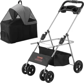 VEVOR Pet Stroller, 4 Wheels Dog Stroller with Brake, 35lbs Weight Capacity, Lightweight Foldable Portable Folding Carrier, Storage Basket and Cup Holder, for Dogs and Cats Travel, Black Dark Grey