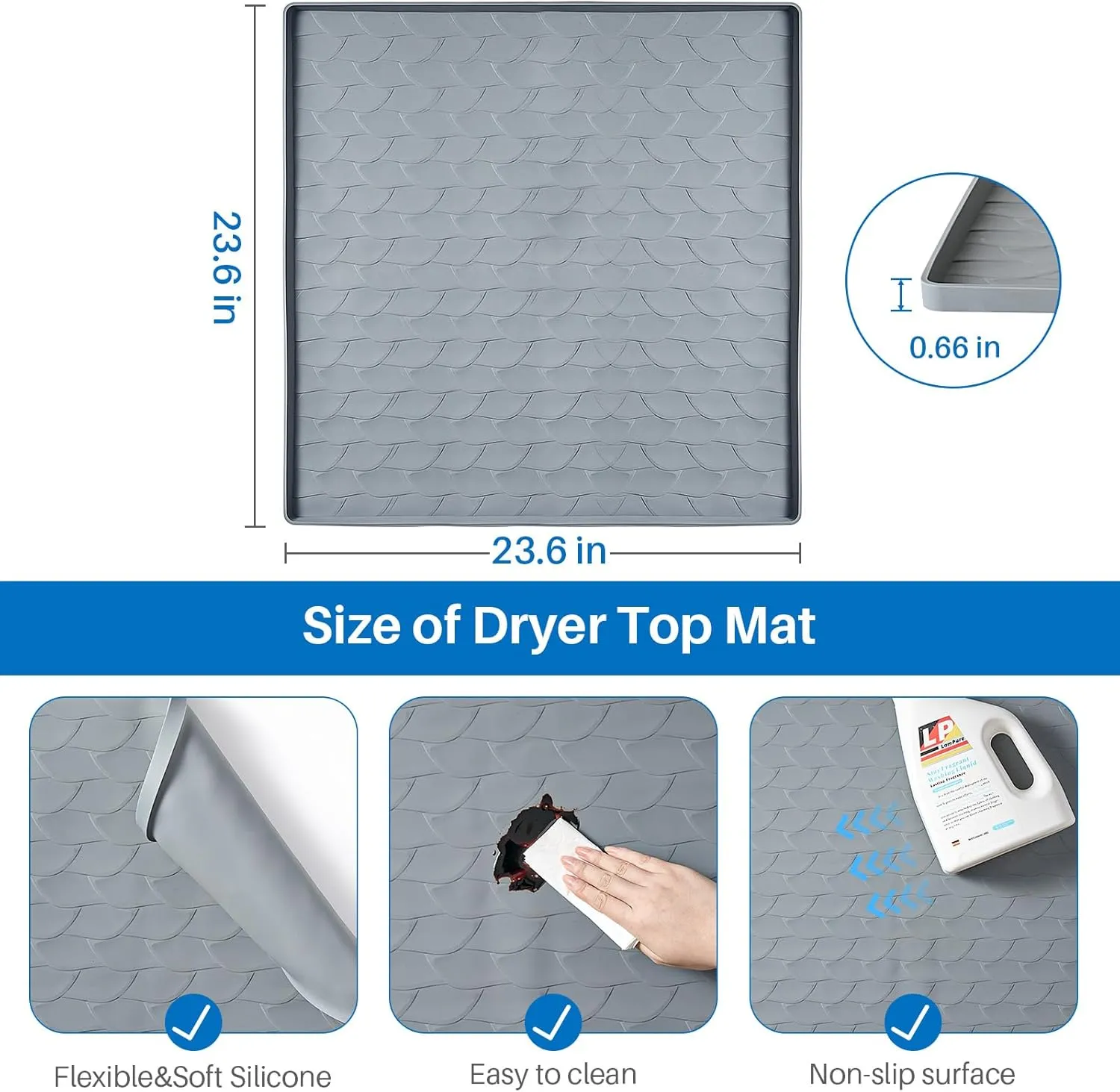 Washer and Dryer Covers for the Top,23.6" X 23.6" Washer Dryer Top Protector Mat, Non Slip Heavy Duty Waterproof Washable Top Cover Pad for Home Washer & Dryer Laundry Kitchen (Gray, 1PCS)