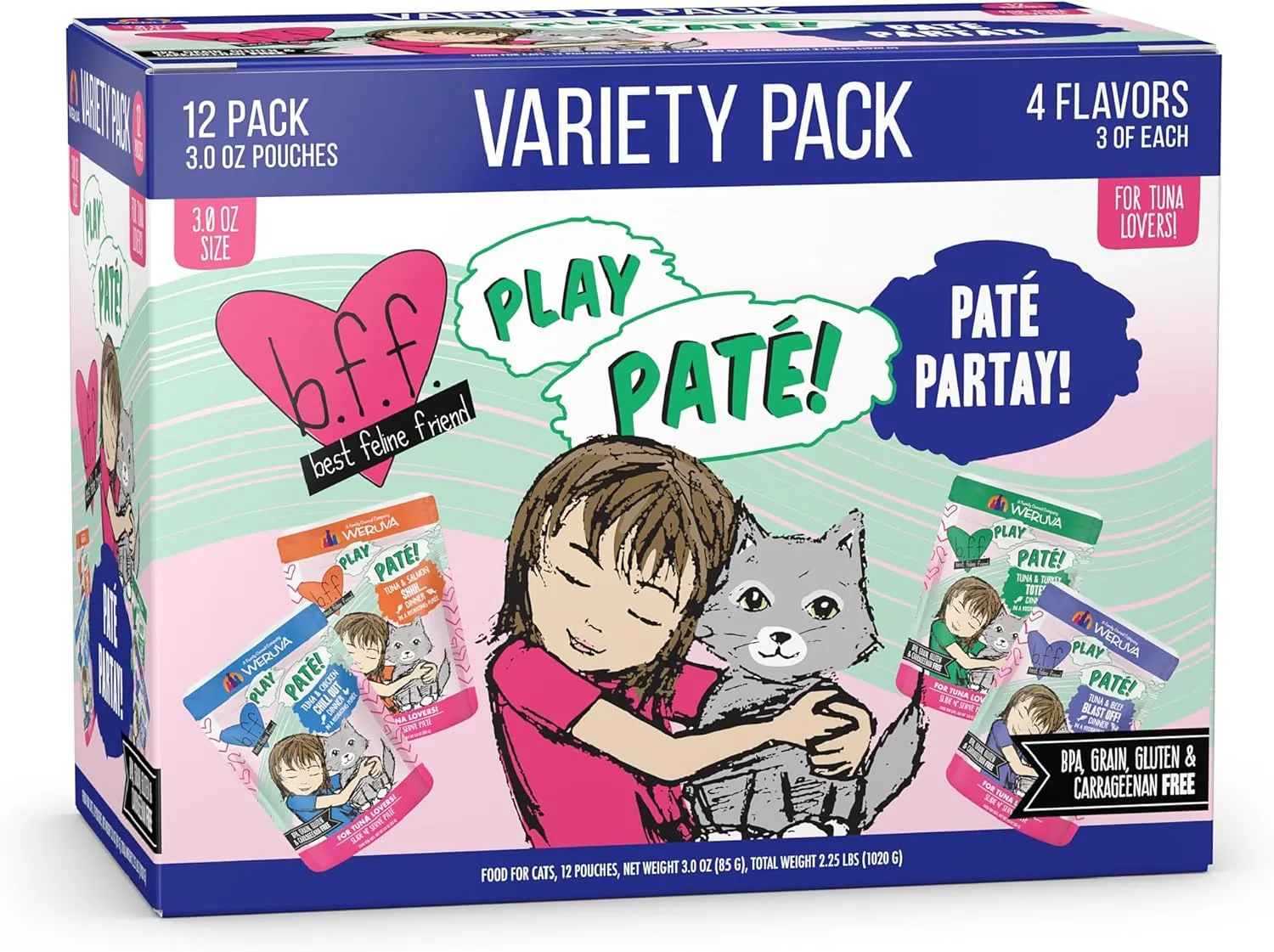 Weruva B.F.F. Play - Best Feline Friend Pat Lovers, Aw Yeah!, Pat Partay! Variety Pack, 3oz Pouch (Pack of 12)