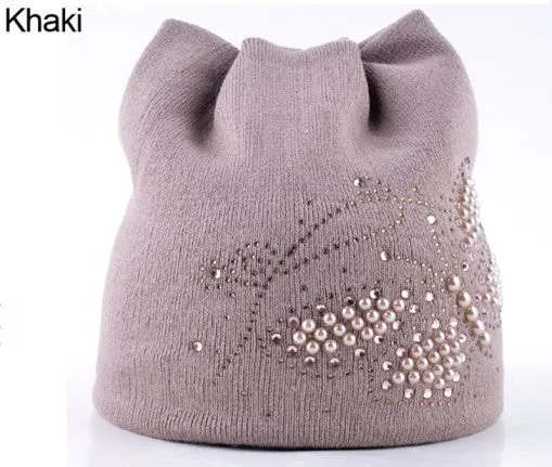 Winter Cat Beanie Hat Ladies Knit Hats For Women Beanies Caps Pearls Butterfly Diamond Beanie Touca Knitted Cap With Ear Flaps