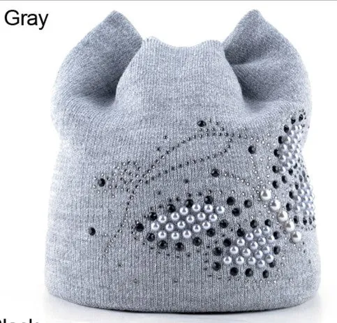Winter Cat Beanie Hat Ladies Knit Hats For Women Beanies Caps Pearls Butterfly Diamond Beanie Touca Knitted Cap With Ear Flaps