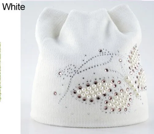 Winter Cat Beanie Hat Ladies Knit Hats For Women Beanies Caps Pearls Butterfly Diamond Beanie Touca Knitted Cap With Ear Flaps