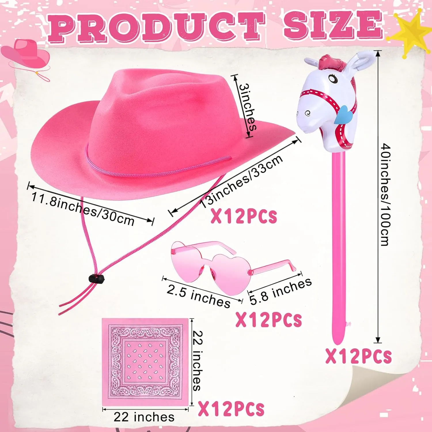 Xtinmee 48 Pcs Kids Cowboy Party Costume Set Bandanas Cowboy Hats Inflatable Stick Horses Heart Glasses for Kids Party(Pink)
