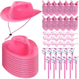 Xtinmee 48 Pcs Kids Cowboy Party Costume Set Bandanas Cowboy Hats Inflatable Stick Horses Heart Glasses for Kids Party(Pink)