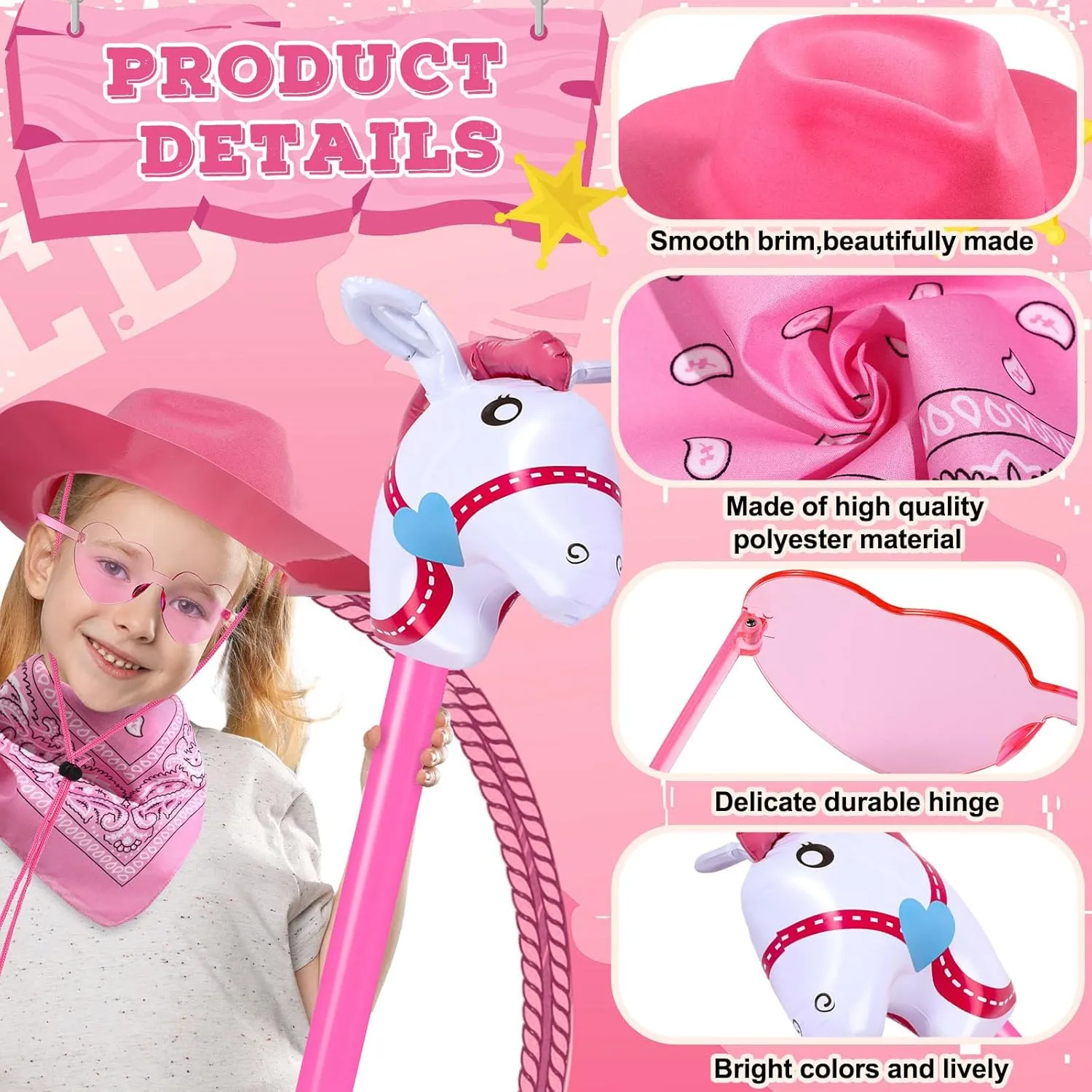 Xtinmee 48 Pcs Kids Cowboy Party Costume Set Bandanas Cowboy Hats Inflatable Stick Horses Heart Glasses for Kids Party(Pink)